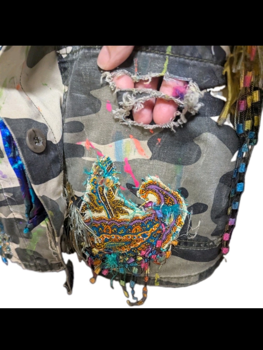 John Lennon Camo Military Distressed Jacket Embroidery Size XL - Picture 5 of 17